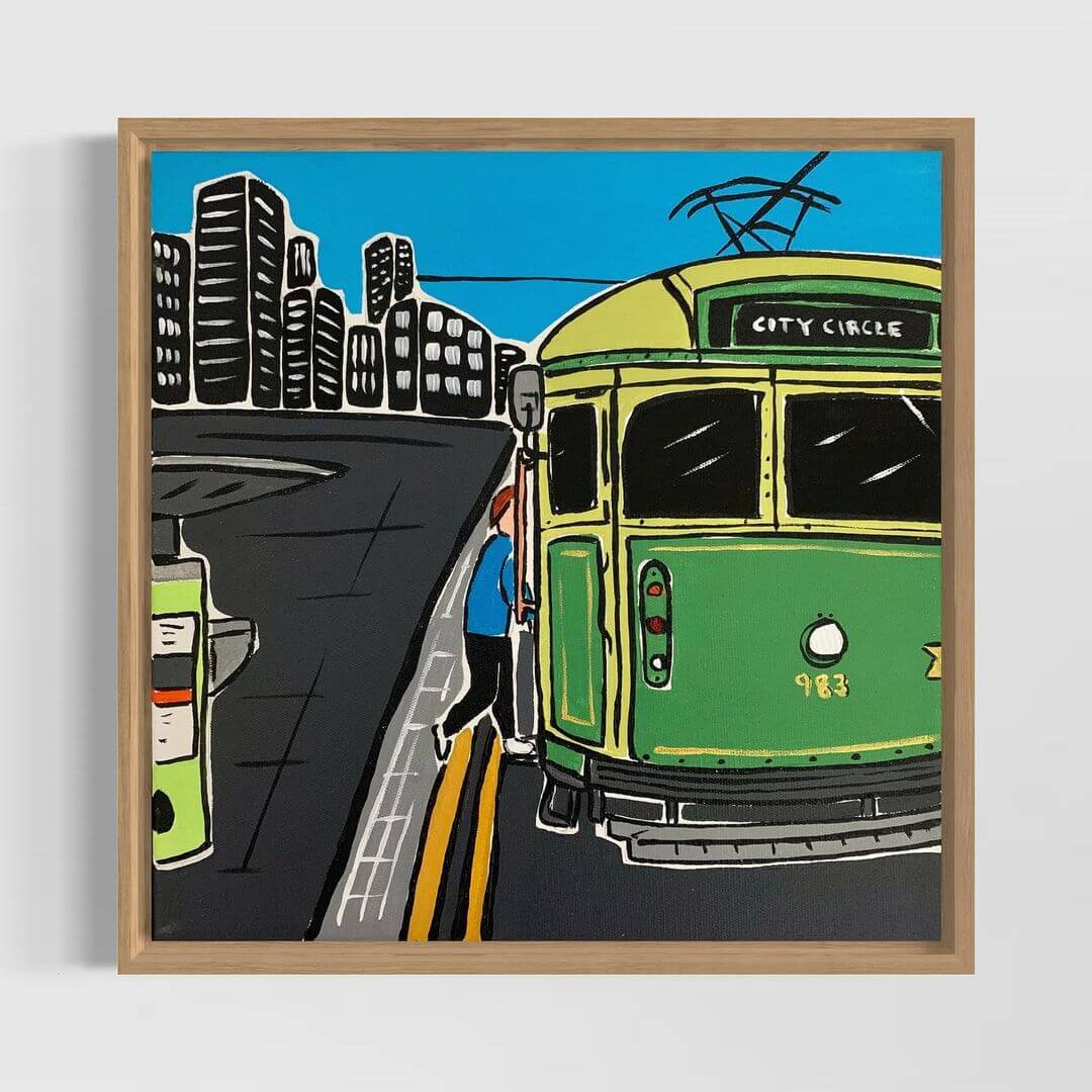 4. An abstract artwork of a green tram in Melbourne's city.