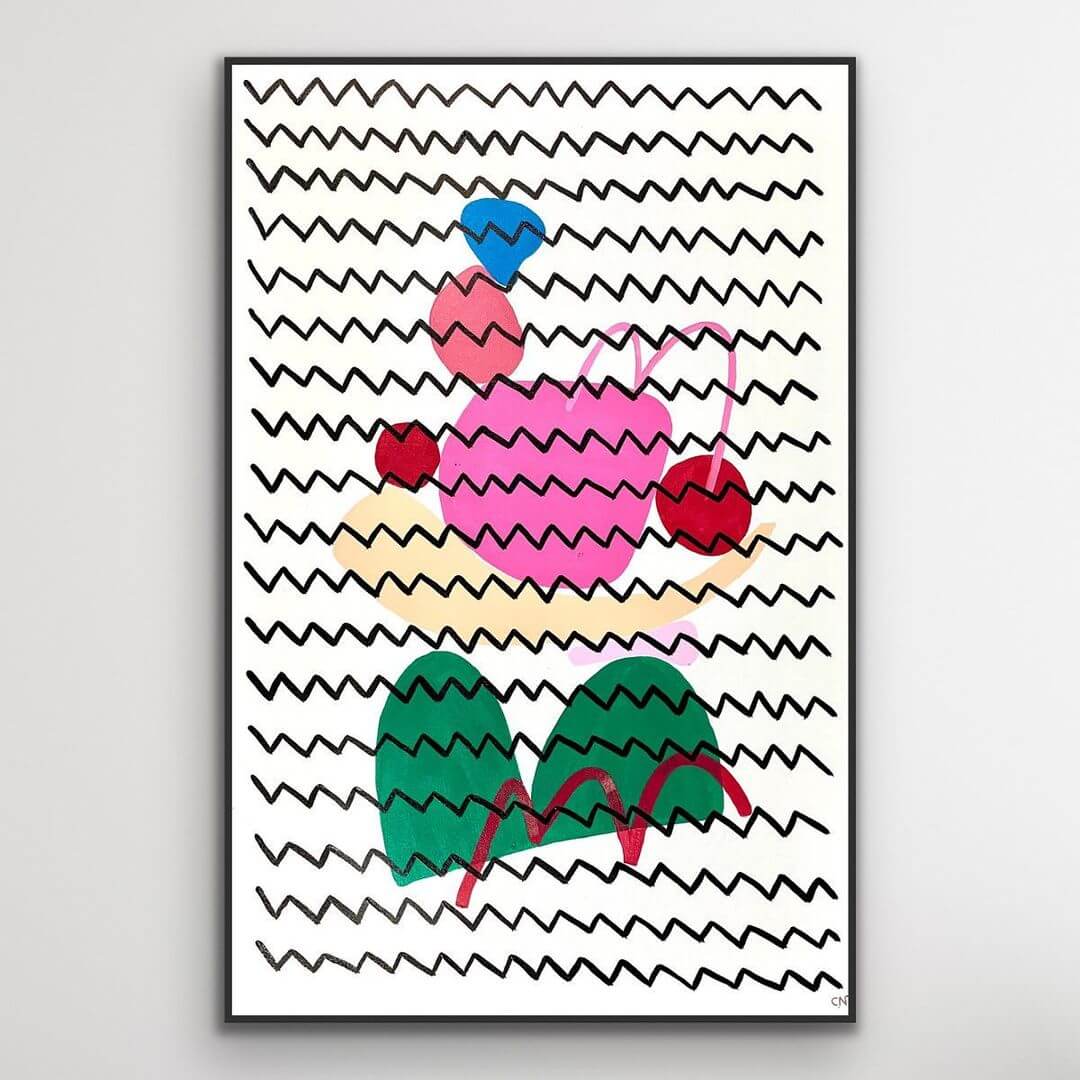 Charles Nanopoulos' abstract artwork ' A Cherry on Top' with pink shapes and black zig zag markings over the top.