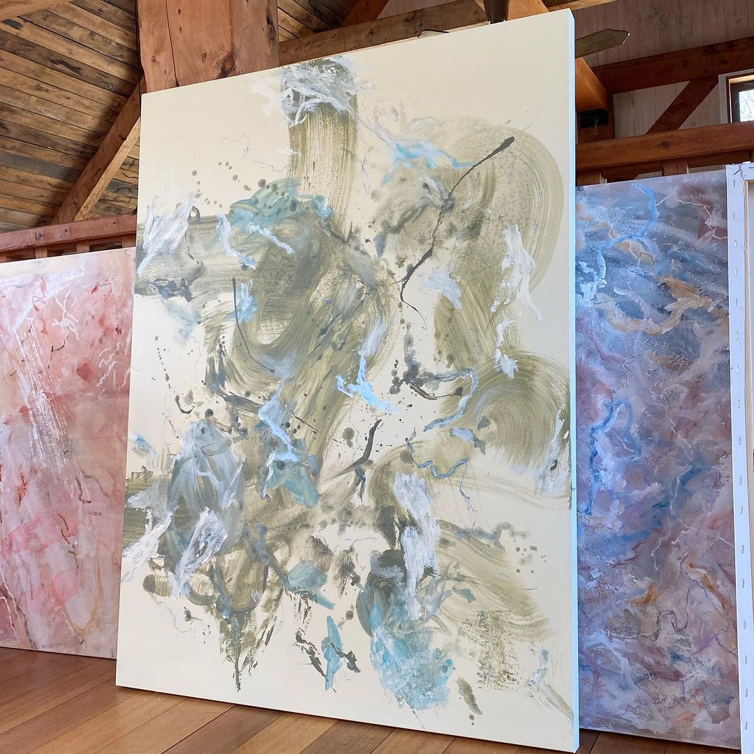 Collection of abstract, earthy toned paintings on large canvases