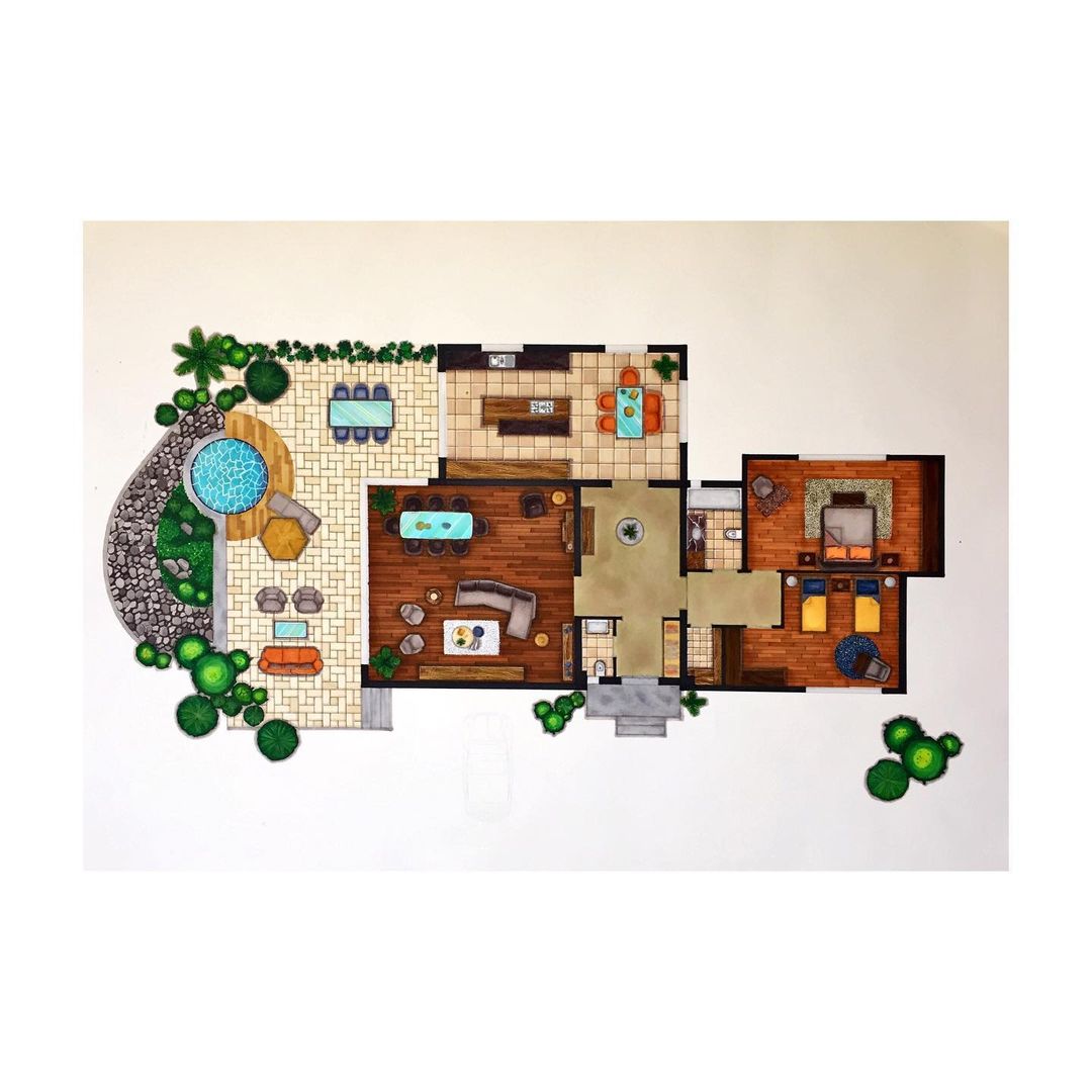 4. Marker drawing of a house floorplan with wood floors and greenery