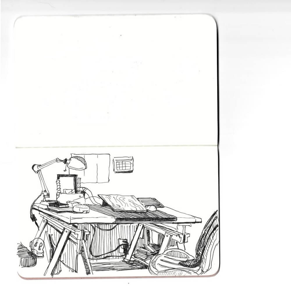 Pen and ink drawing of a messy desk on a notepad.