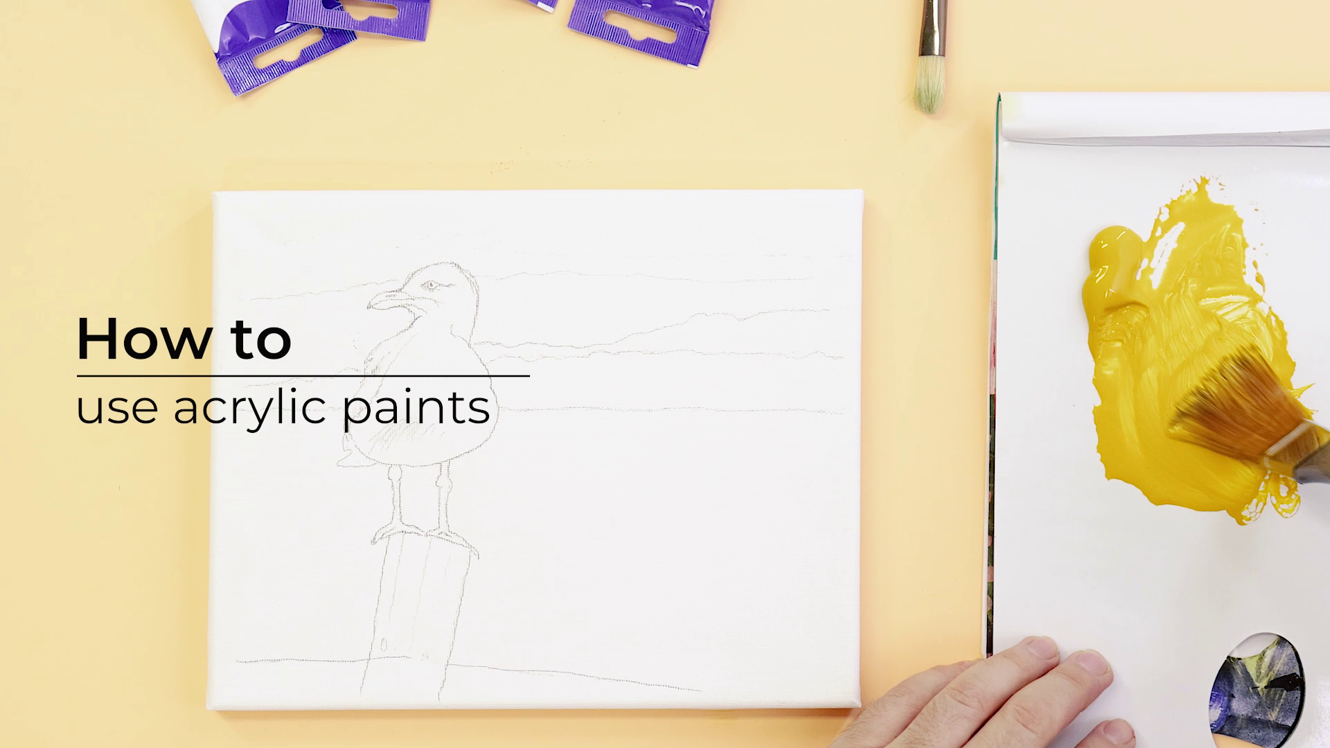 4. Video thumbnail that reads 'how to use acrylic paints' with a seagull drawing and yellow paint