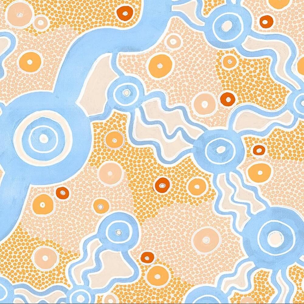 Water artwork by Nardurna of bold bright blue and orange circles and dots.