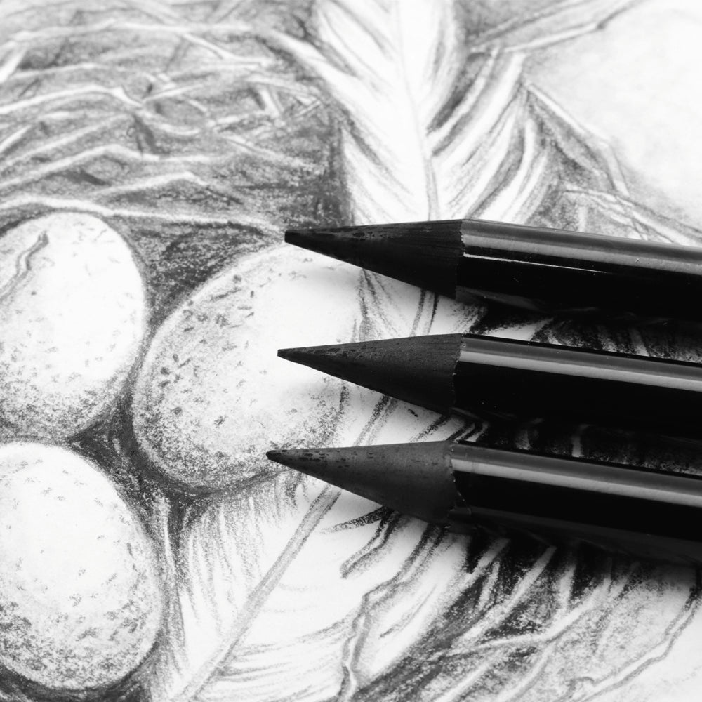 Woodless charcoal pencils laying flat against a drawing of three eggs