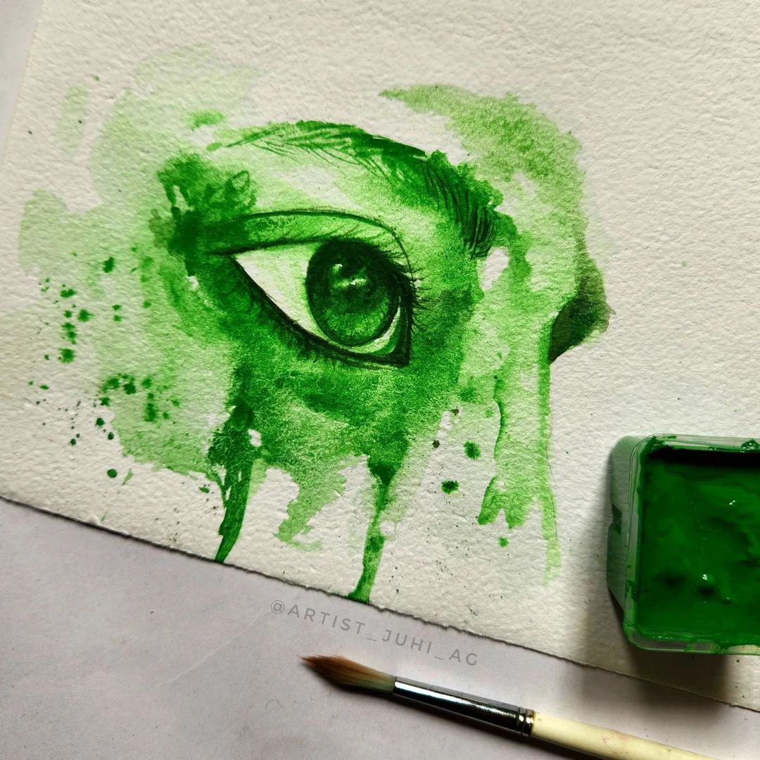 4. @artist_juhi_ag gouache painting of an eye in a monochromatic green palette with wash colouring techniques and freeform shading