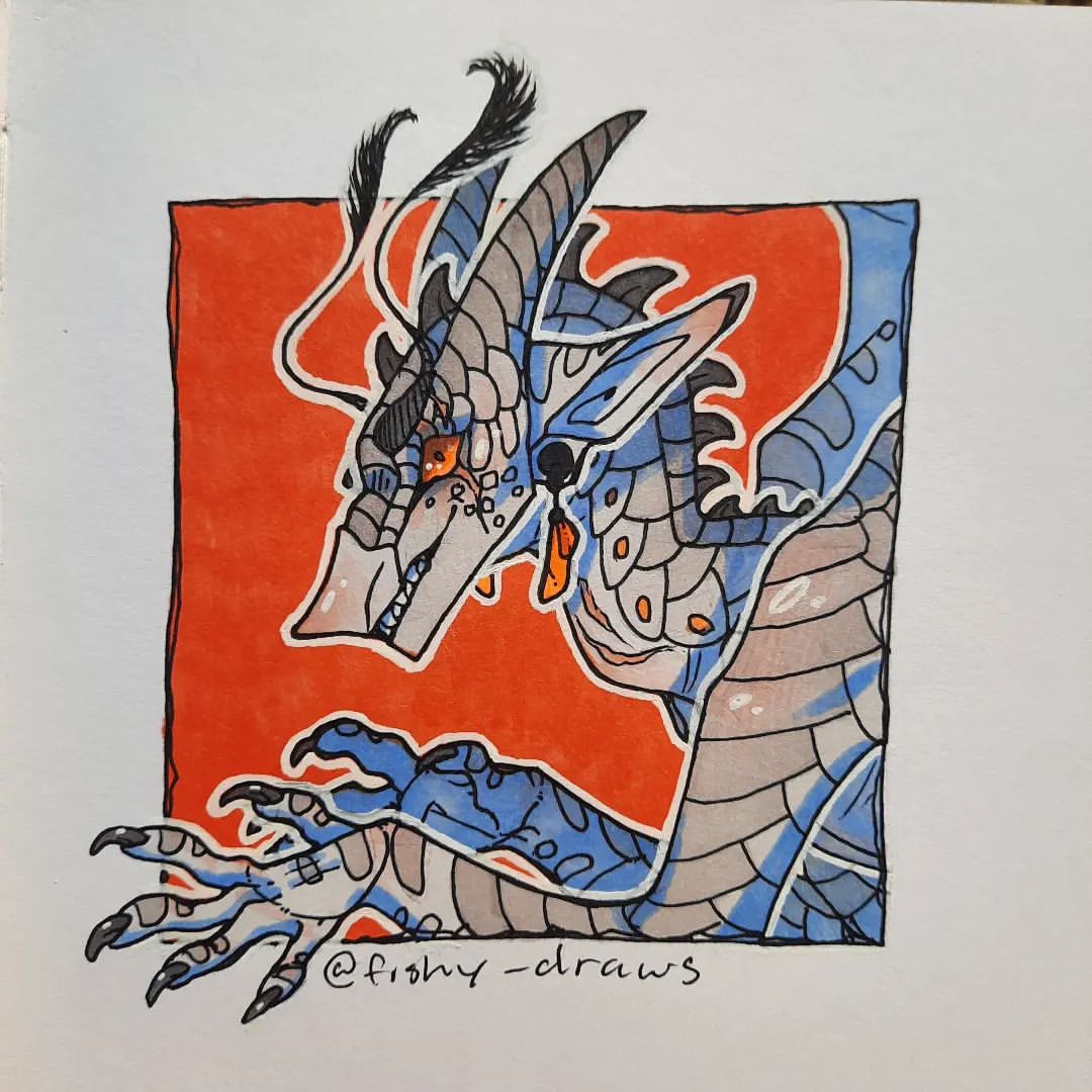 4. @fishy_draws artwork of a white and grey dragon emerging from a red frame