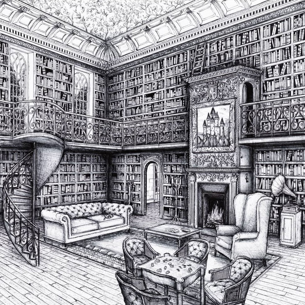 4. @jennifercourt_art detailed sketch of the interior of a library, filled with grand furniture and countless books on shelves