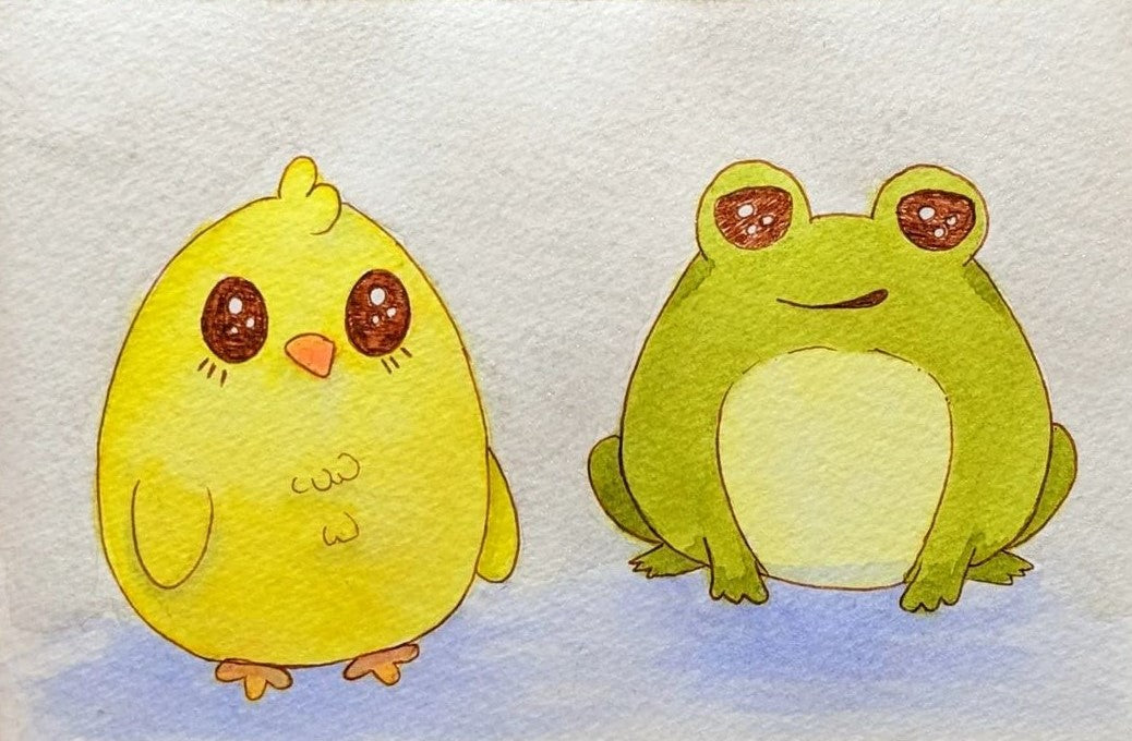 4. @ursa.crafta artwork of a watercolour  yellow chick and a green frog