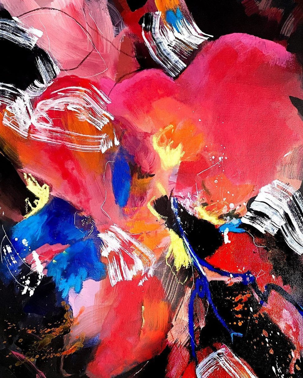 Red, blue, pink and white abstract brush strokes on a dark canvas artwork titled chaos.