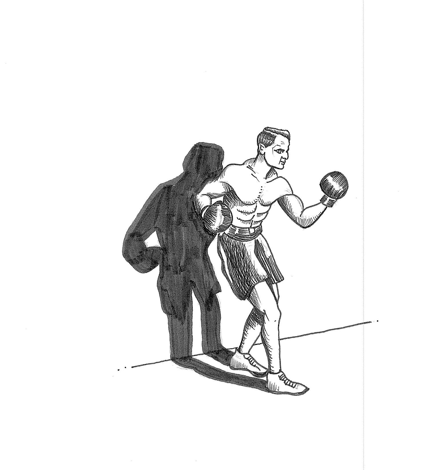 A black and white drawing of a person boxing drawn in cartoon style.