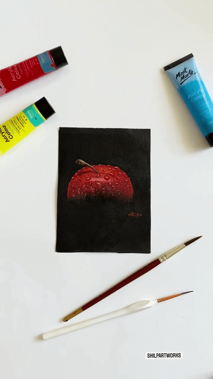 5. A realistic artwrok of a red apple with two paint brushes beside it and three Mont Marte acrylic paints near the art.