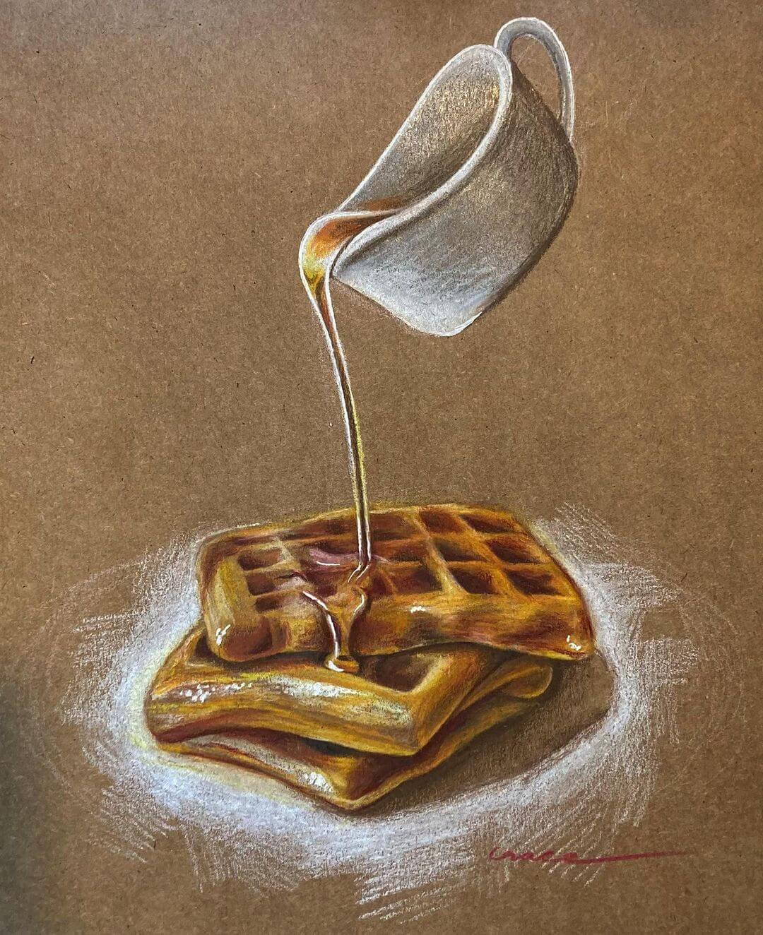 A realistic drawing of waffles with maple syrup on top, drawn on kraft paper.
