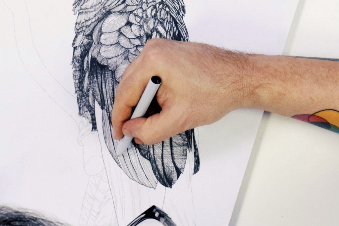 5. Crosshatching to create feather texture bird sketch
