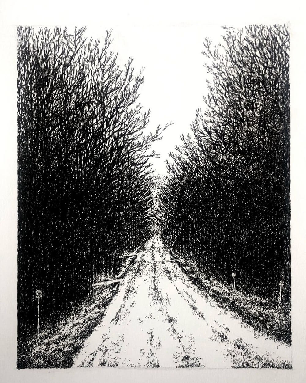 Dark and densely drawn pen sketch of a view along a dirt road.