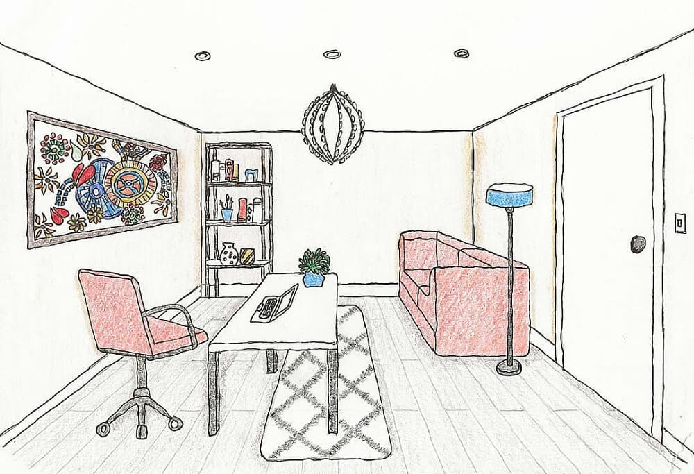 Drawing of a room with coloured chairs and artwork on wall.