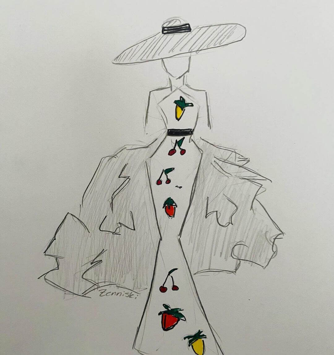 5. Fashion illustration drawing of a woman wearing a fruit print dress and large white hat