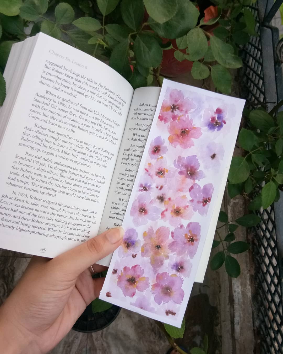 5. Floral watercolour bookmark with pale pink and purple flowers