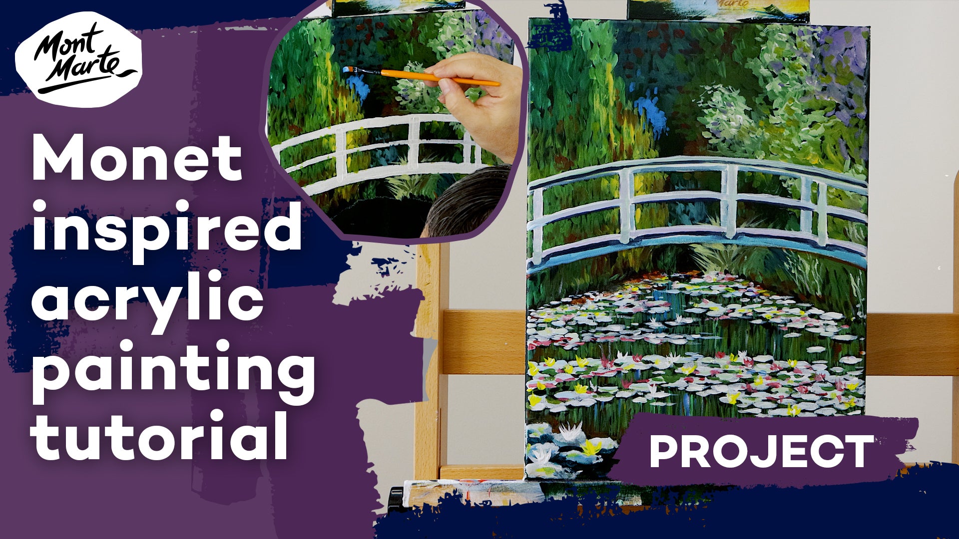5. Monet Inspired Acrylic Painting Tutorial thumbnail with a bridge over water lilies painting