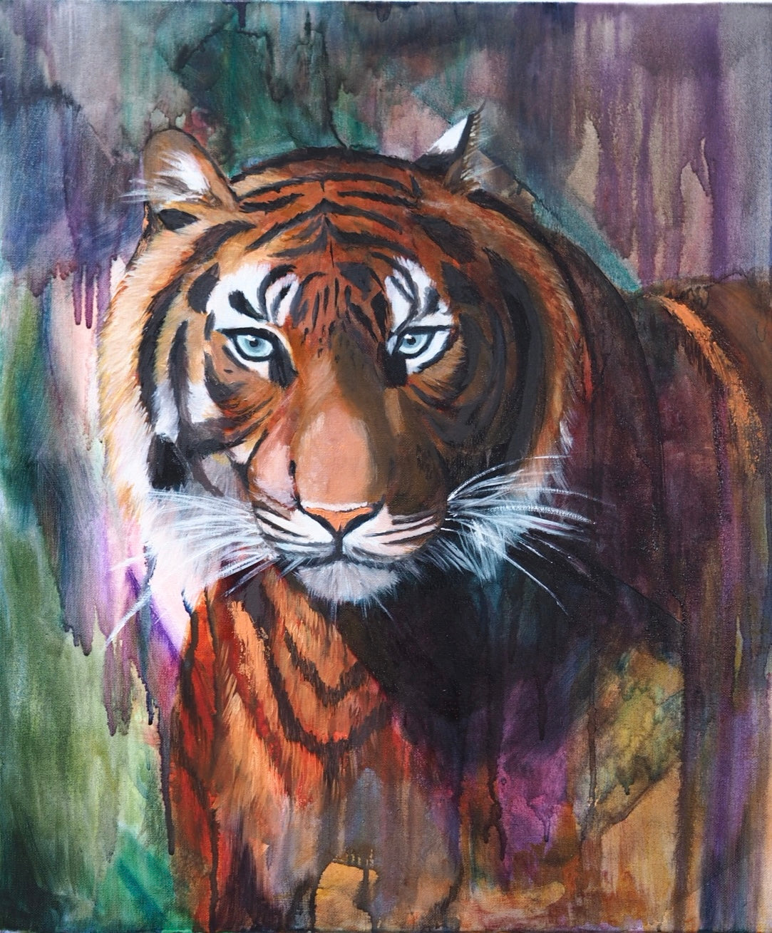 5. Painting of a tiger with dripping abstract background