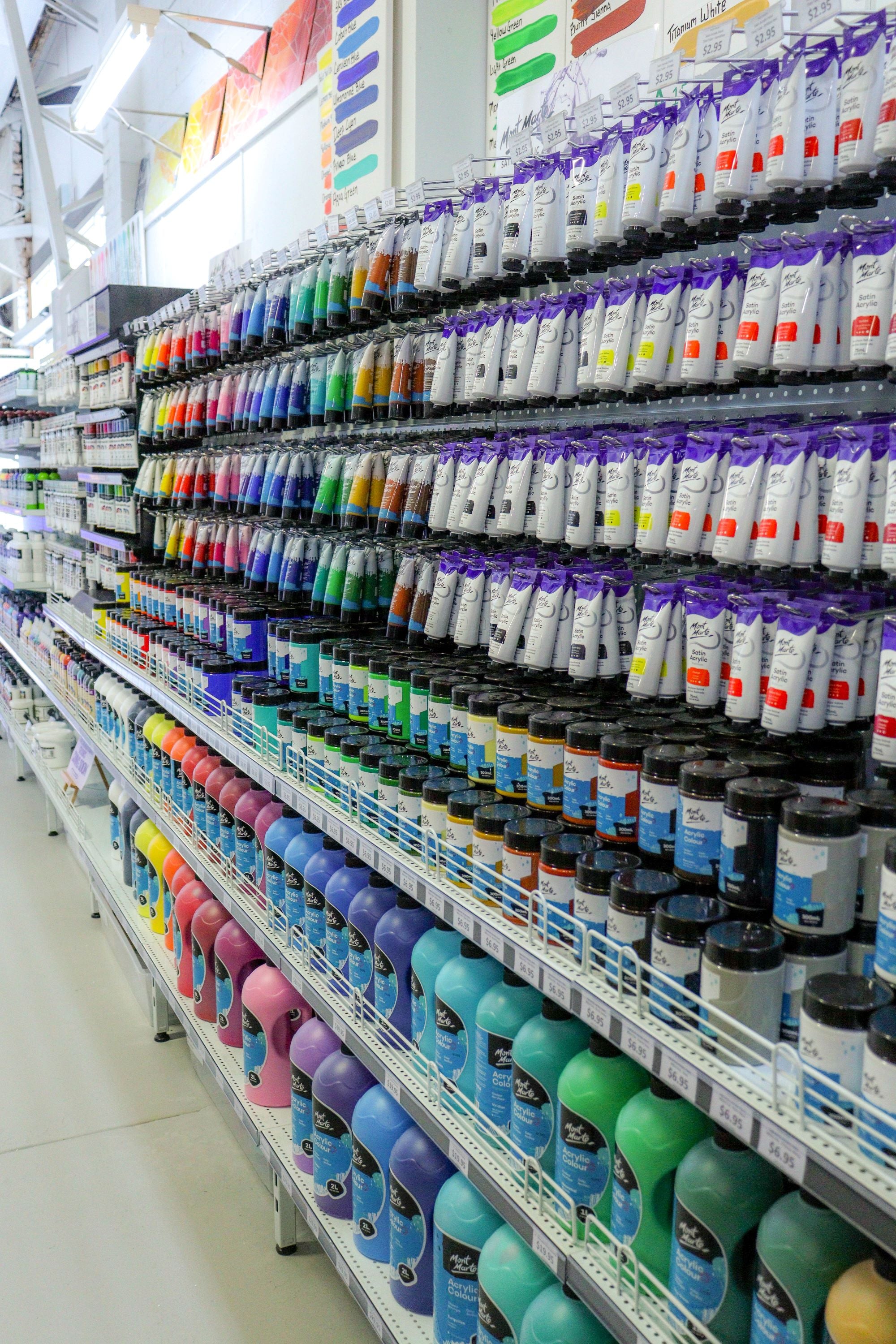 5. Platinum art centre Art Shed Moorabbin's paint products looking like a candy store of Mont Marte art supplies.