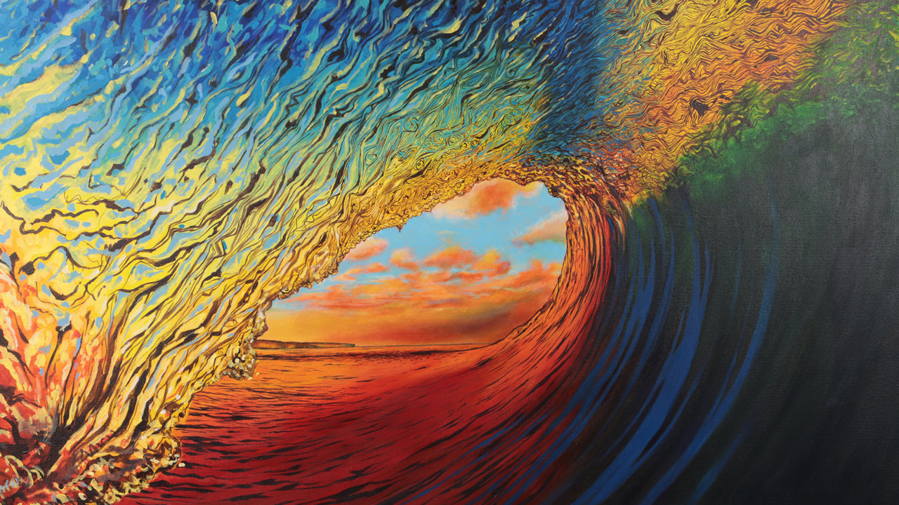 5. Realistic wave barrel painting with sunset colours reflected