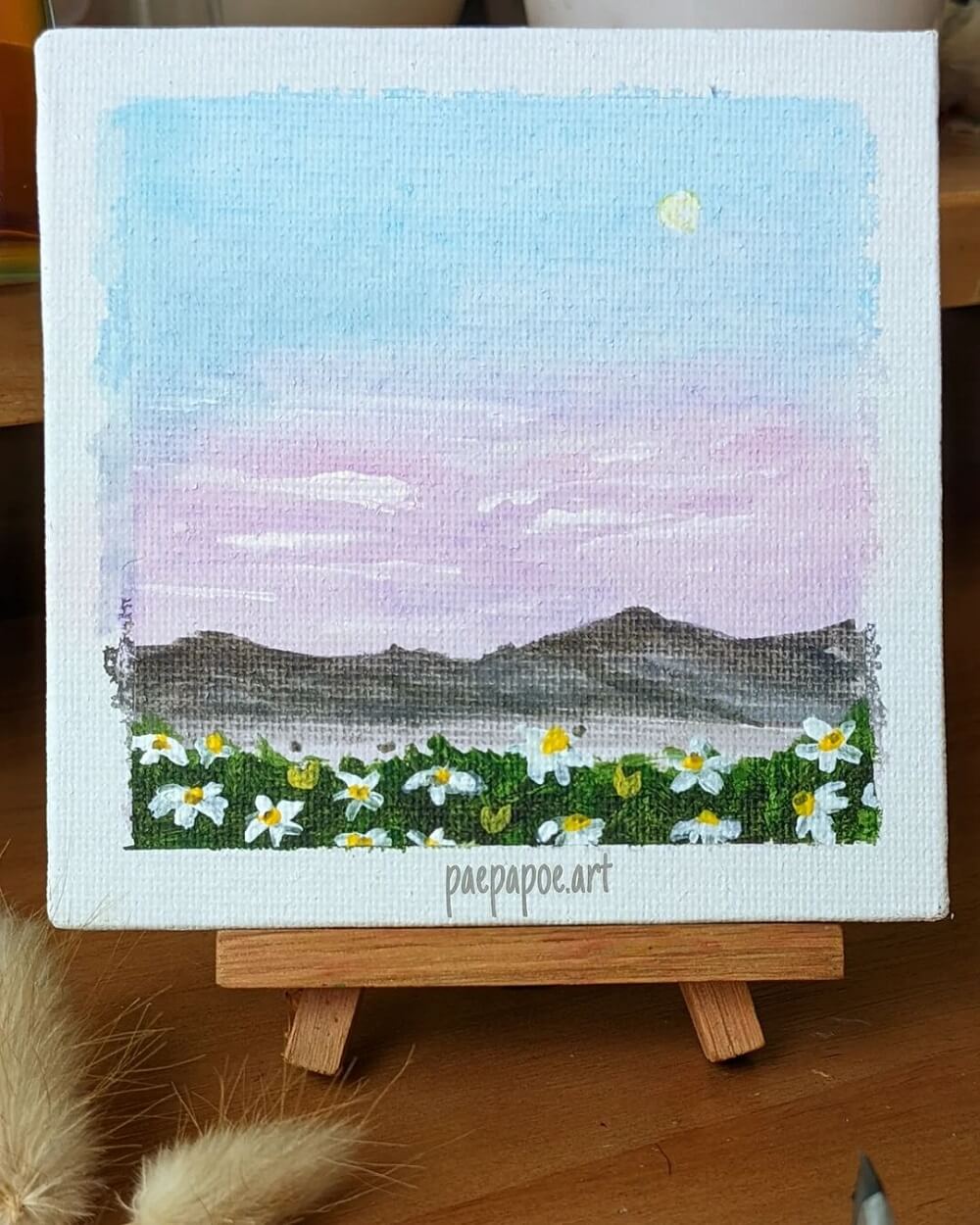 Spring time scene of mountains with pastel sky on a mini canvas.