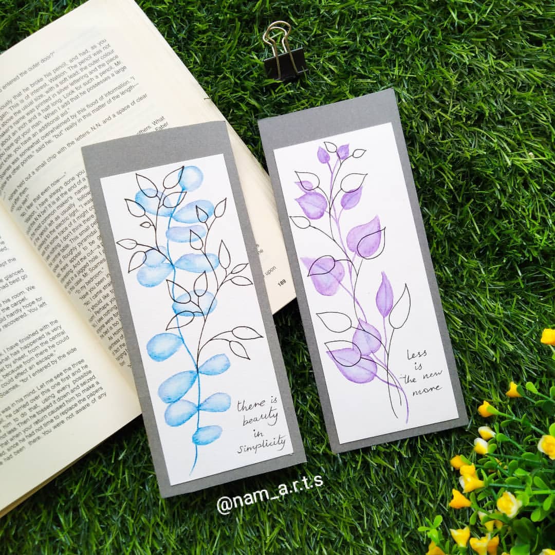 5. Watercolour and ink bookmarks with plants and quotes on them
