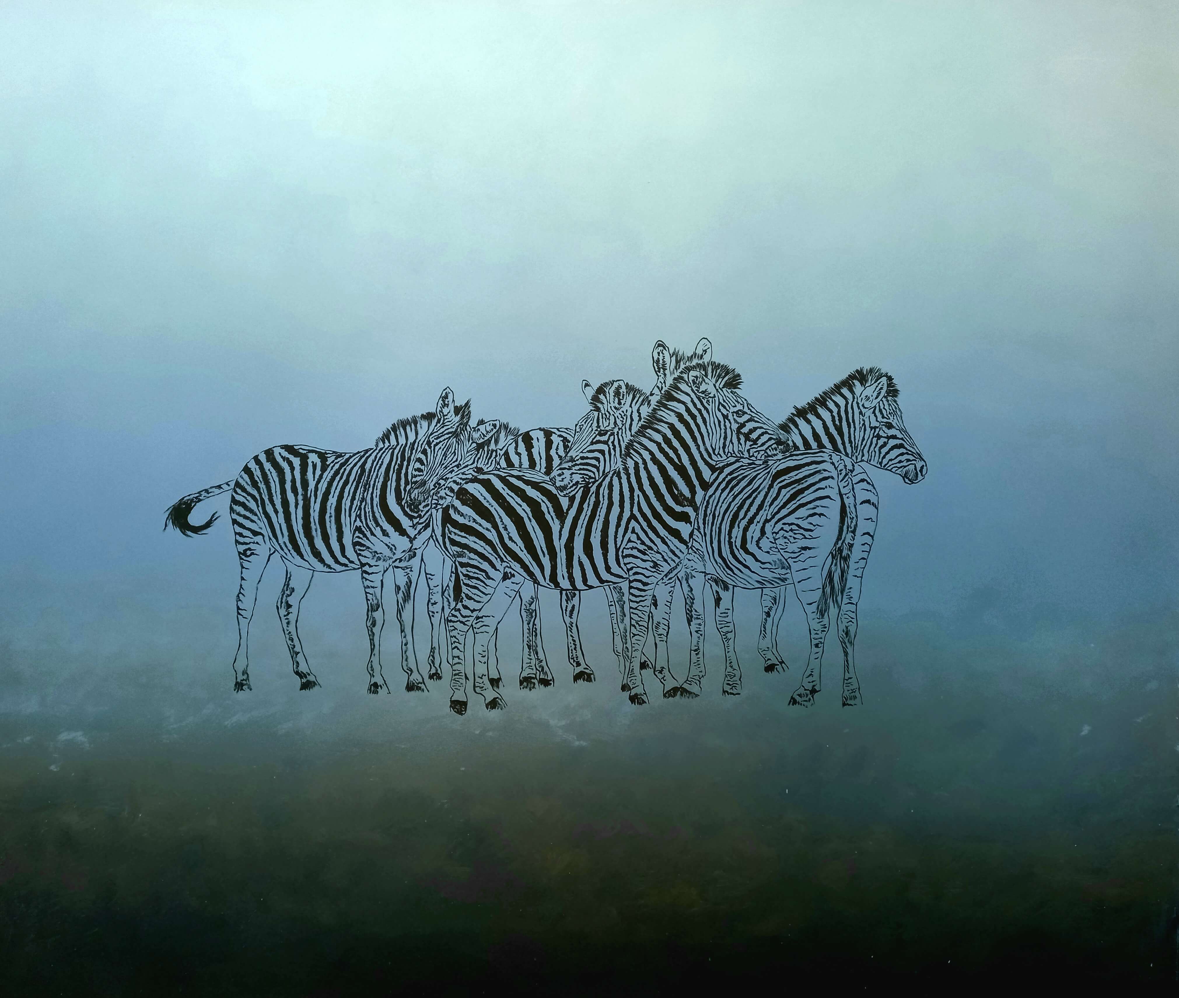 Zebras drawn in black on the background of his artwork.