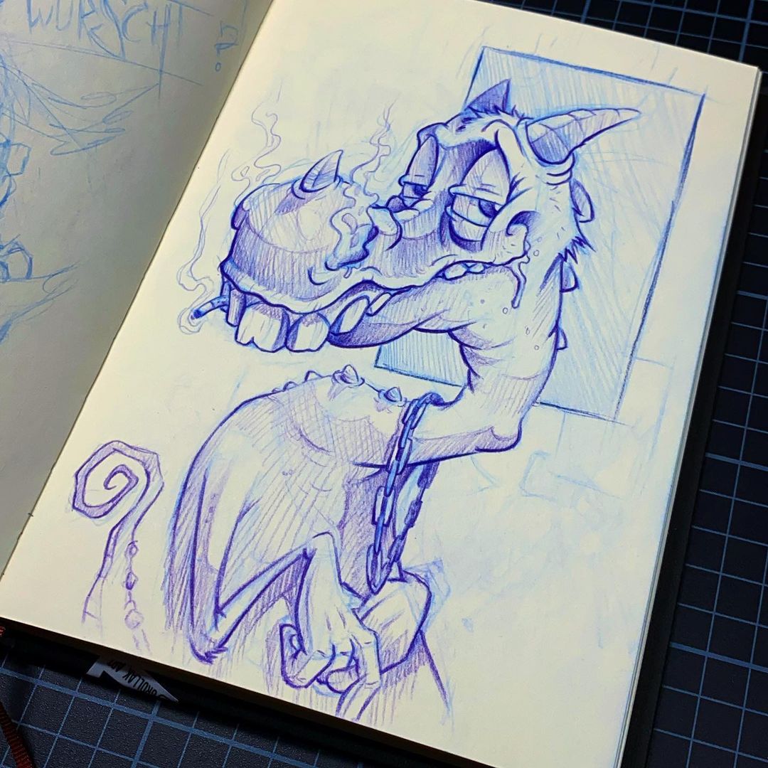 5. @grollak_art drawing of a purple and blue characterised dragon in a sketchbook