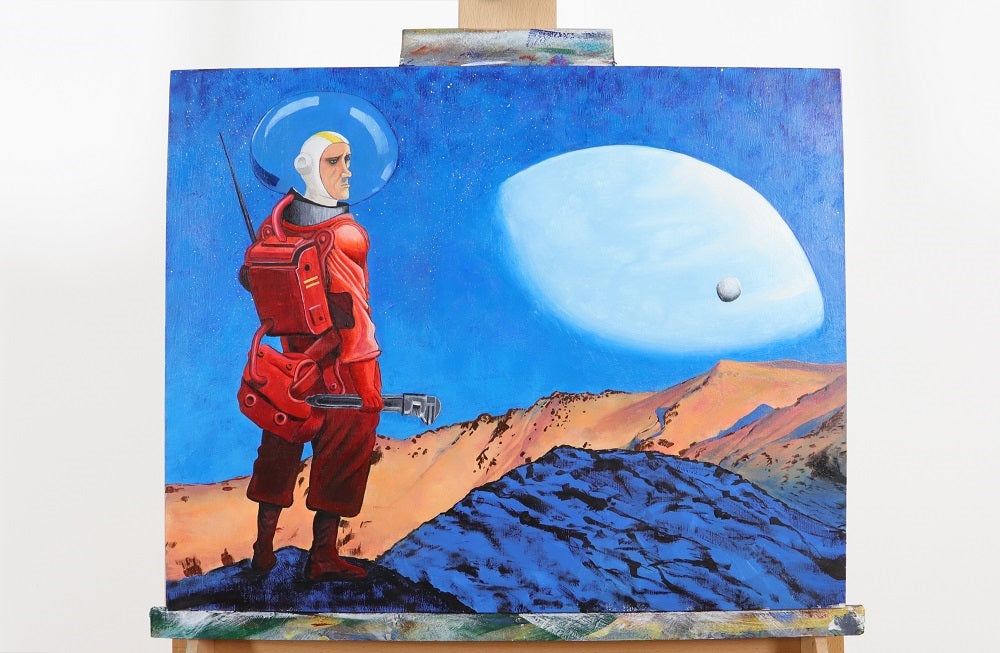 Canvas sci-fi concept art of spaceman in gouache.