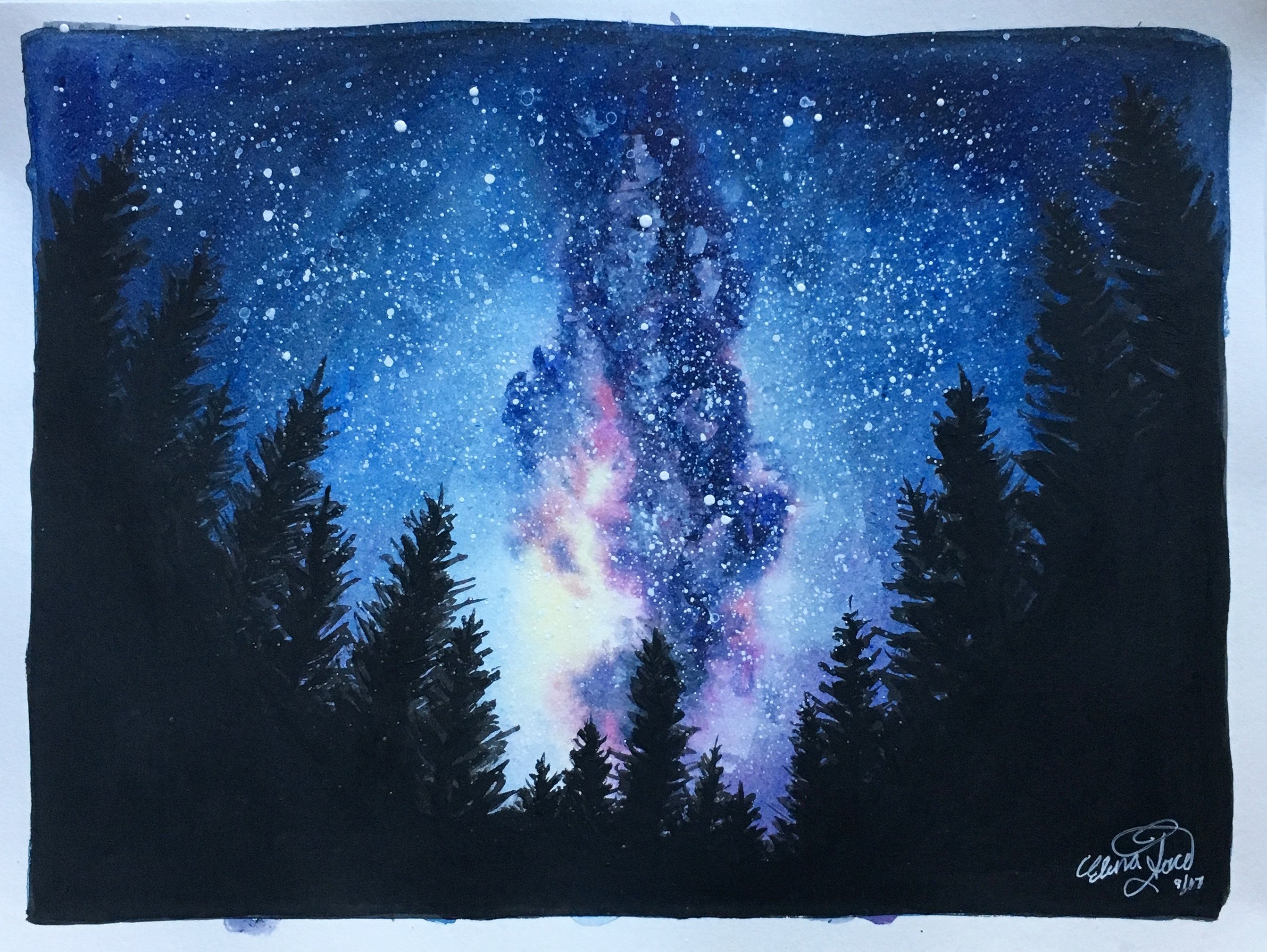 Galaxy sky watercolour painting with black trees framing the bottom and sides of the page.