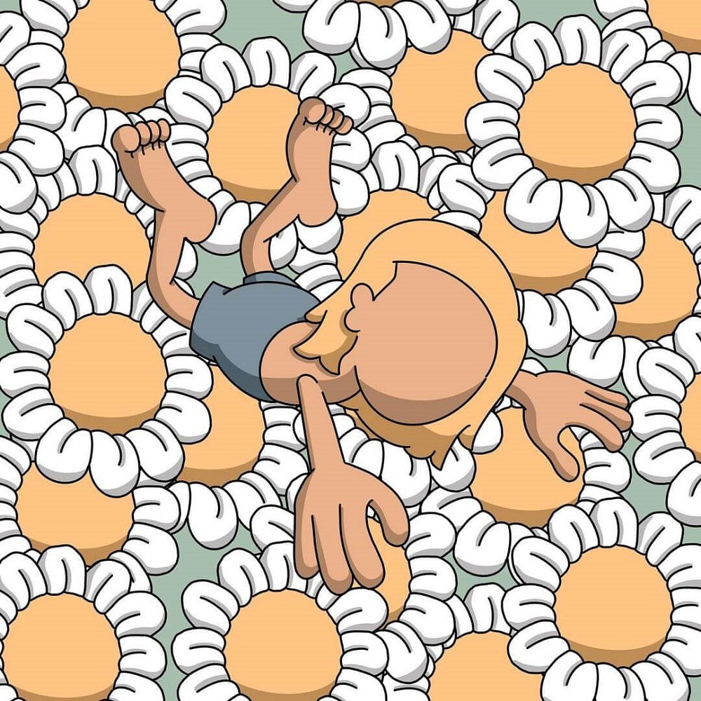 Cartoon Benny laying on sunflowers.