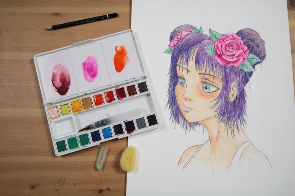 An anime female portrait in watercolour.