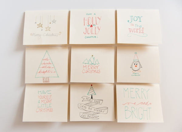 Nine hand drawn Christmas cards in a grid.