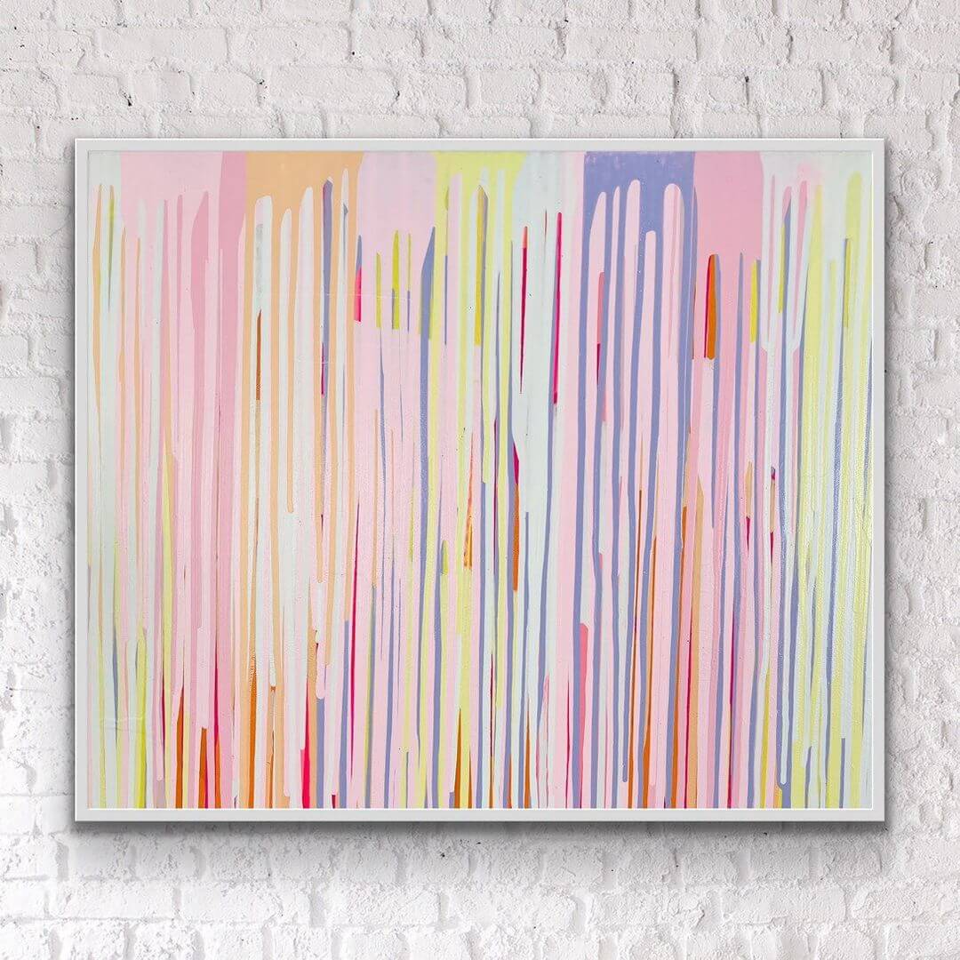 6. A coloured artwork of various stripes with metallic detailling, hanging on a white wall.