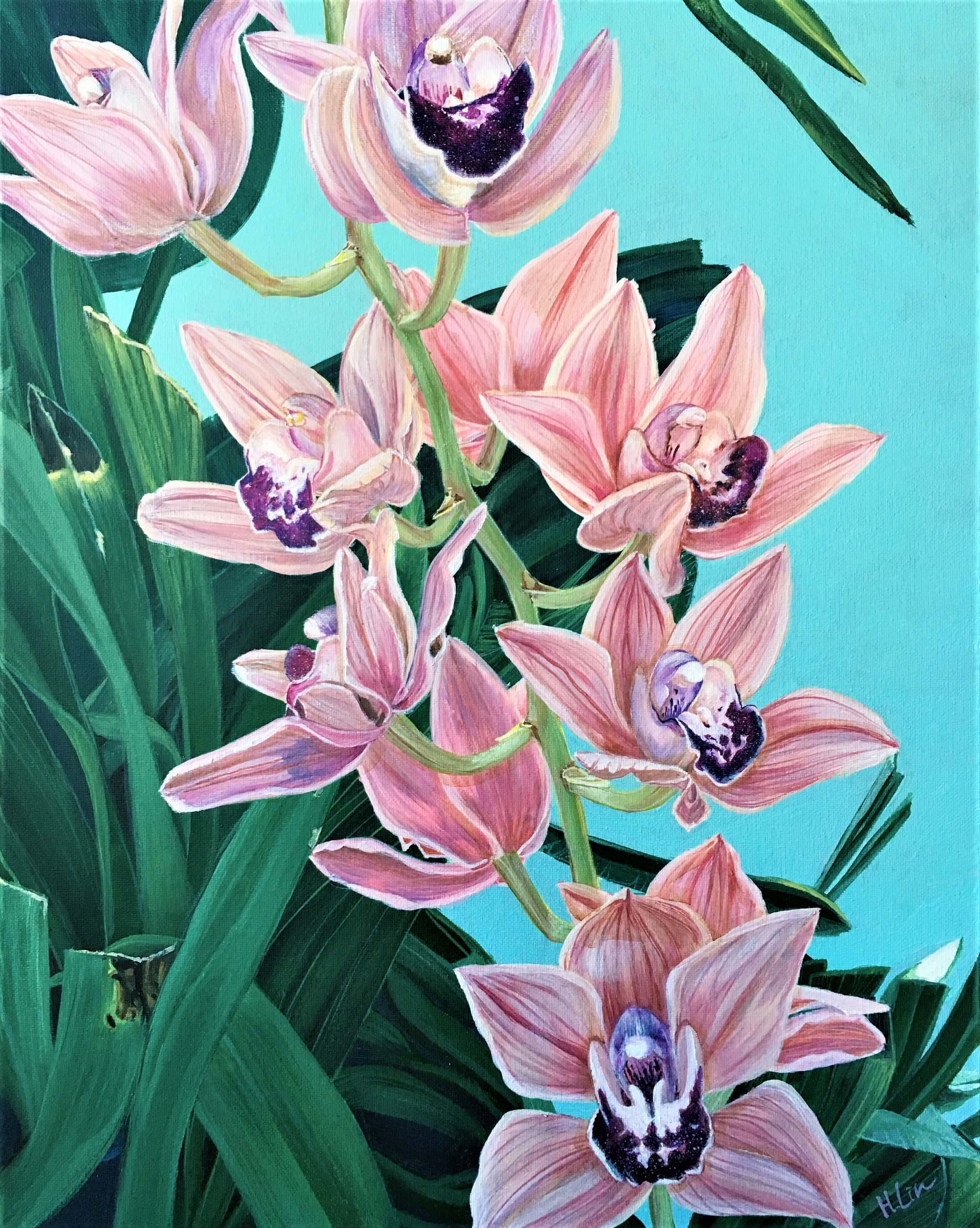 A realistic canvas painting of Cymbidium Orchids painted in acrylic by Hsin Lin.