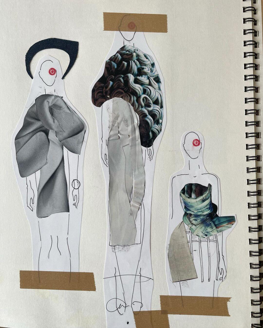 6. A sketchbook with three fashion illustrations and various collage pieces taped and glued onto the drawings.