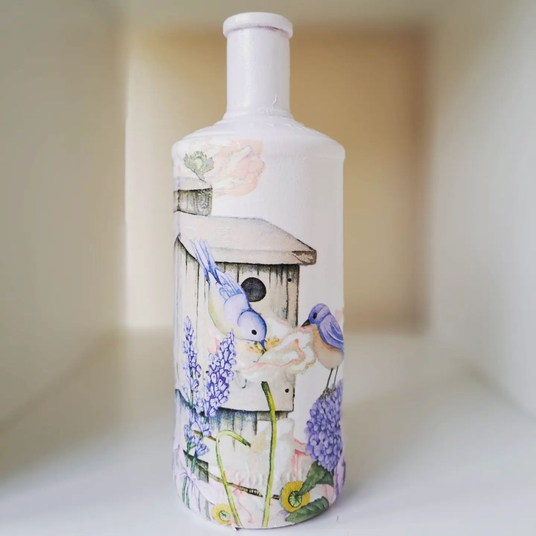 6. Bottle decorated with bird and bird house decoupage art