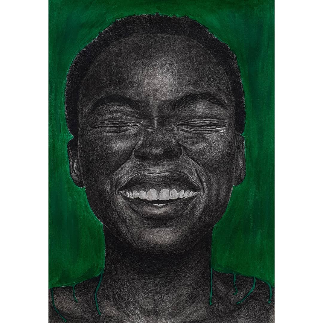 Bright green portrait of a woman smiling, drawn in pencil.