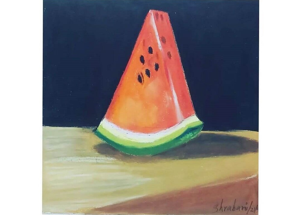 Classical still life drawn in oil pastel of a slice of red watermelon.