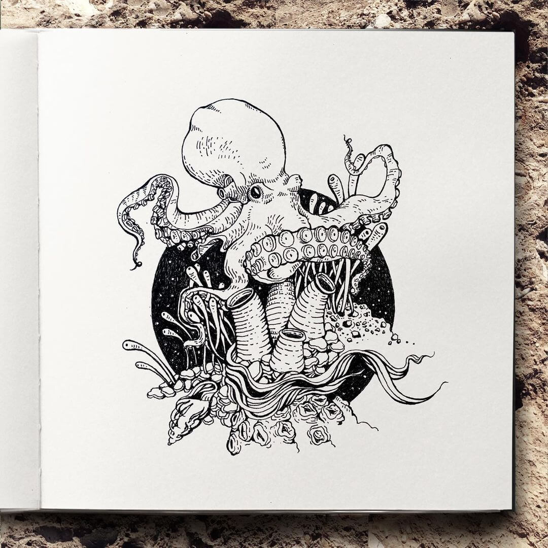 Detailed drawing of an octopus drawn in fine liner pen with sea urchins.