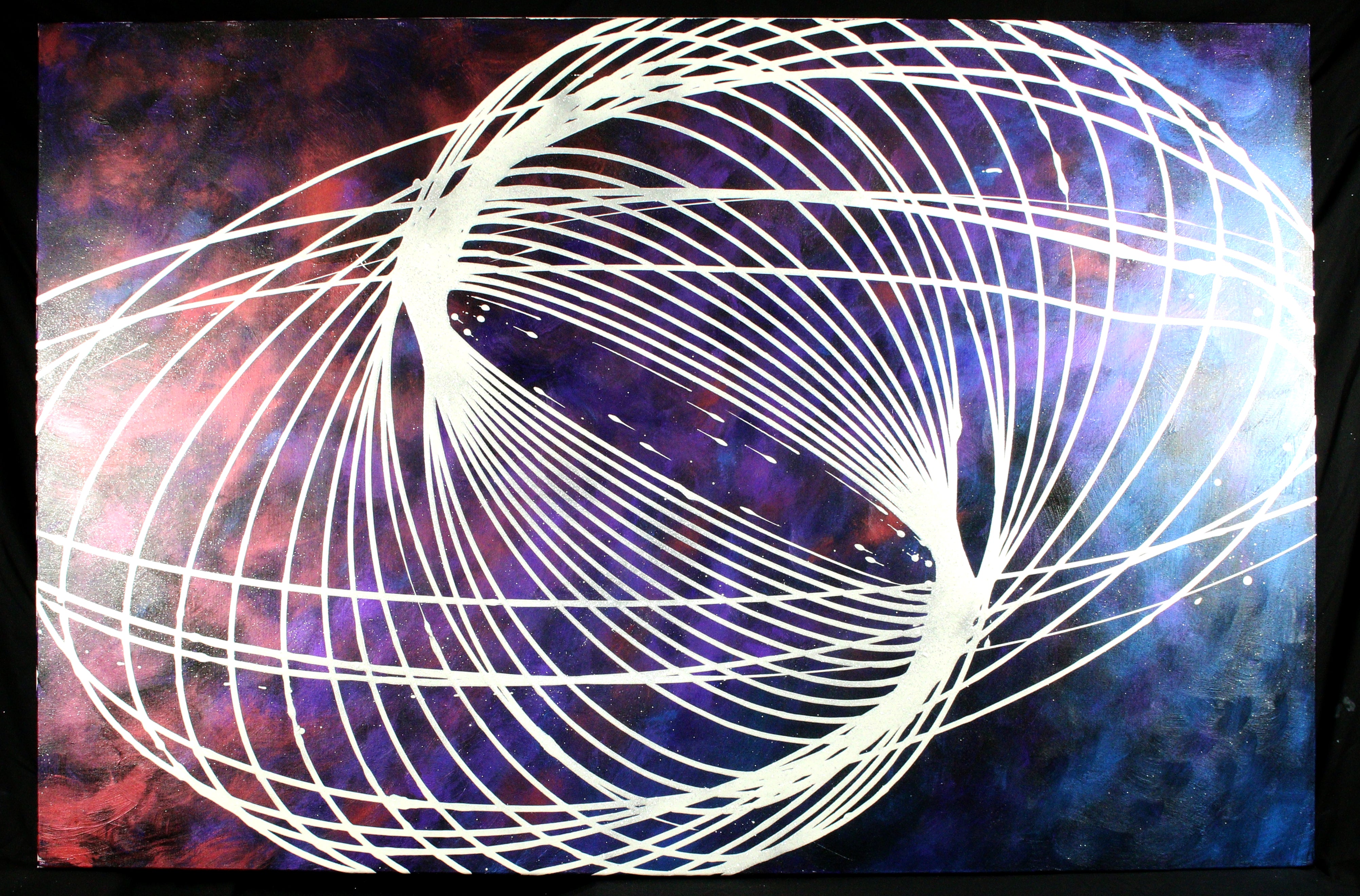 6. Galaxy pendulum painting with white circles of paint overlapping on a space background
