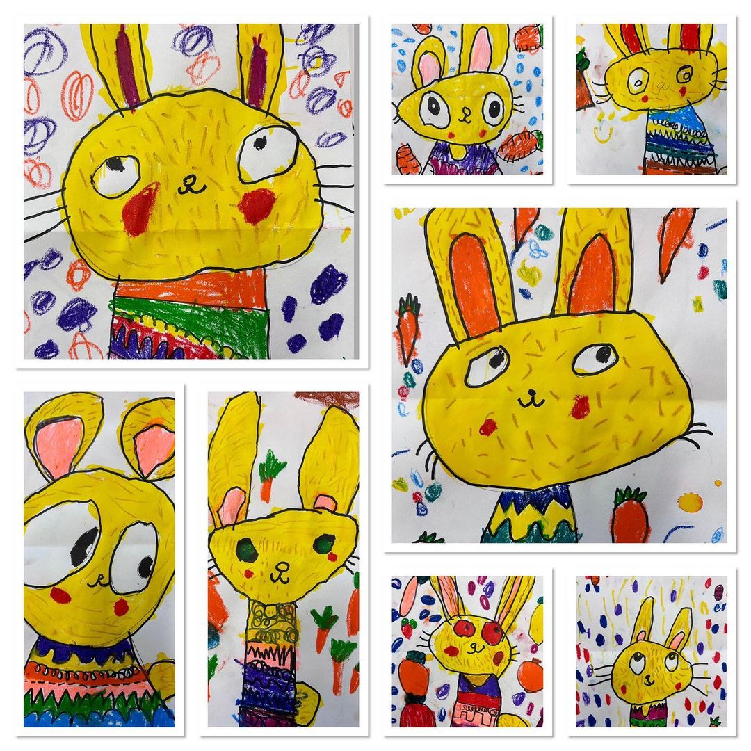 Kids artwork of yellow bunnies with carrots and patterns in the backgrounds