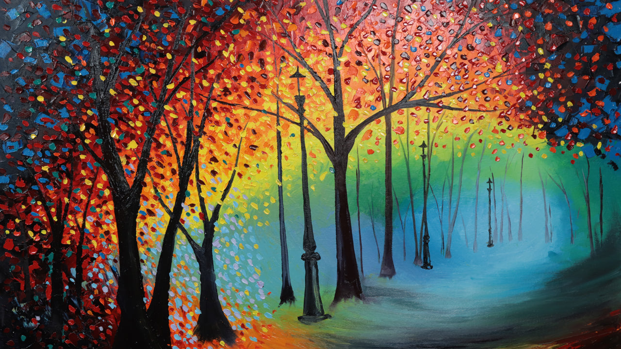 6. Leonid Afremov inspired park scene painting created using palette knives.