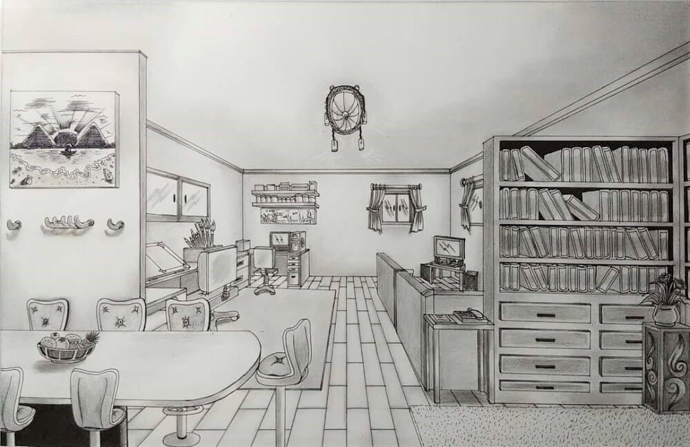 One point perspective of a detailed living room in pencil.