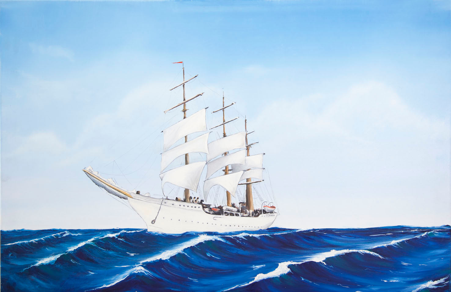 6. Painting of a white ship traversing ocean waves