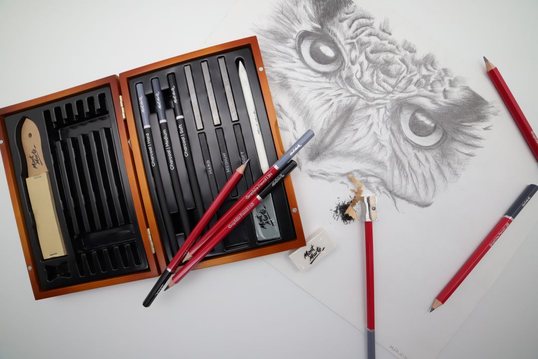 6. Wooden Box Pencil Set with an owl drawing in frame