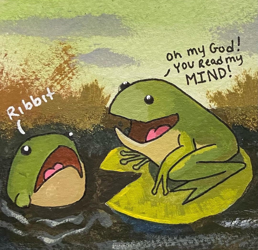 6. @josephgrzart acrylic artwork of two frogs, with one on a lilypad and the other in water, having a conversation