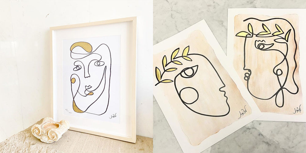 Three portrait line drawings created with metallic markers.