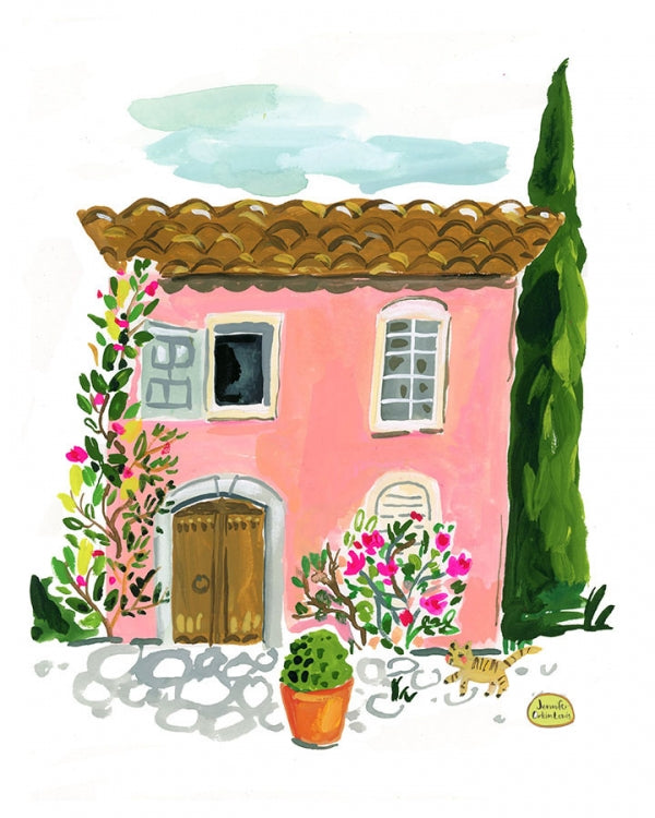 A gouache painting of a pink house.